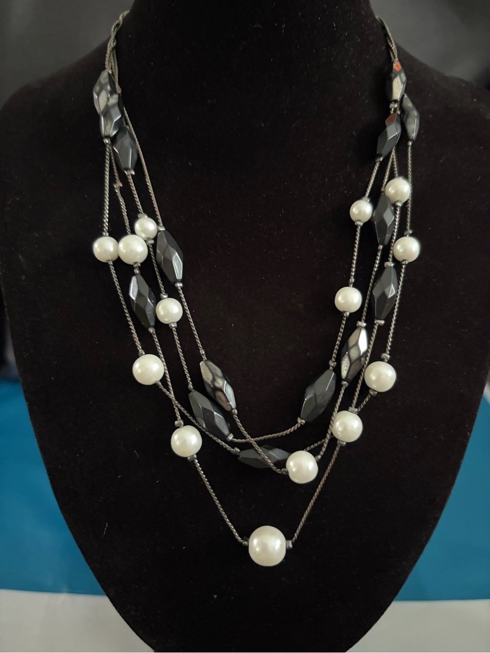 Multi-Strand Black and Faux White Pearl Necklace